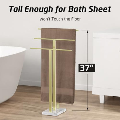 KES 3-Tier Freestanding Towel Rack with Marble Base, 36" Tall, Brushed Gold | Weighted Base Prevents Tipping, Anti-Slip Pads, No-Drill Assembly, Fits Bath Sheets And Hand Towels, For Humid Bathrooms - color: Gold