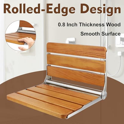 Teak Folding Shower Seat Wall Mounted, Foldable Shower Bench, 400lbs Max Load, 16" - color: Yellow, size: 16 inchs