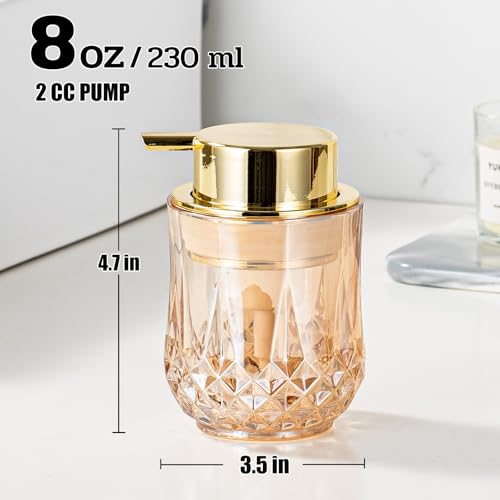 Foaming Soap Dispenser - Amber Glass Foam Soap Dispenser, 8 Oz Golden Foam Hand Wash Dispenser for Bathroom, Modern Home Refillable Dish Dispenser for Kitchen (Golden)