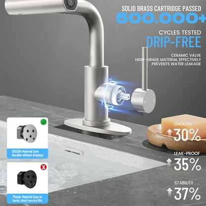 Brushed Nickel Bathroom Faucet with Sprayer - Brushed Nickel Bathroom Faucets for Sink 1 Hole or 3 Holes, 4 Mode Single Handle Vanity Faucet Waterfall Bathroom Faucet with Pull Down Sprayer (No Drain) - color: Brushed Nickel