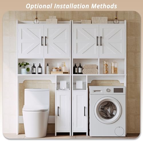 IRONCK 67 in Over The Toilet Storage Cabinet with Adjustable Shelves White | waterproof; side cabinet; toilet paper holder; anti-tip stable frame; bathroom laundry room; barn door farmhouse decor