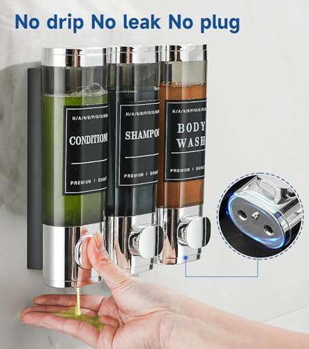 Shower Soap Dispenser Wall Mounted No Drill Shampoo Dispenser for Shower Wall Shampoo and Conditioner Dispenser Bathroom Hotel 3 * 300ml Chrome with Labels - color: Chrome