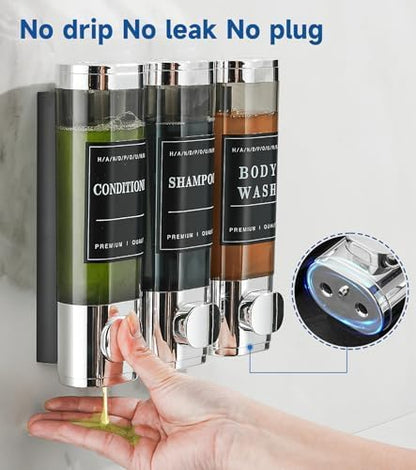 Shower Soap Dispenser Wall Mounted No Drill Shampoo Dispenser for Shower Wall Shampoo and Conditioner Dispenser Bathroom Hotel 3 * 300ml Chrome with Labels - color: Chrome
