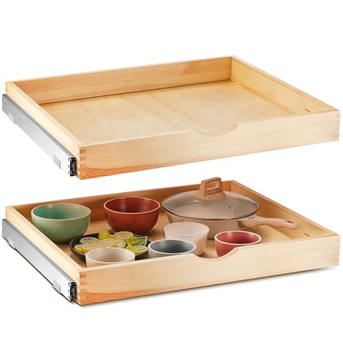 Menkxi 2 Set Wooden Pull out Cabinet Organizer Fully Assembled Slide out Pantry Drawer with Gentle Close Storage Shelf Tray for Base Kitchen Under Sink Bathroom Accessory(Wood Color,27'' X 21'' X 3") - size: 27'' X 21'' X 3"