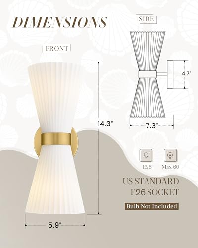 Modern Wall Sconce Set of 2, HWH 2-Light Up Down Wall Light Indoor Vanity Wall Lamp, Brushed Gold Bathroom Vanity Sconce Frosted White Striped Glass Shade, 5HZG97B-2W-2PK BG - color: Brushed Gold, size: 2-Light*2