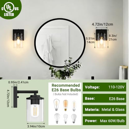 Wall Sconces Set of Two, Modern Bathroom Sconces with Clear Glass Shade, Matte Black Vanity Lights for Bathroom, Farmhouse Wall Light Fixtures for Mirror, Bedroom, Living Room - size: 1-Light (2 Pack)