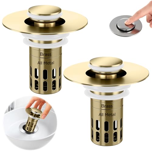 (All Metal) Bathroom Sink Stopper, Pop Up Drain Strainer for Bathroom Sink, Sink Plug Hair Catcher, Silent Popper Core w/Removable Filter Basket,Fit 1.05~2.0''Basin (Gold, 2 Pack) - color: Gold, size: 2 Pack