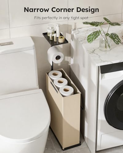 Freestanding Toilet Paper Holder Stand with Shelf for Up to 12 Rolls,Rustproof Metal Bathroom Toilet Paper Storage with Lid, All-in-One Toilet Tissue Roll Dispenser and Organizer,Beige