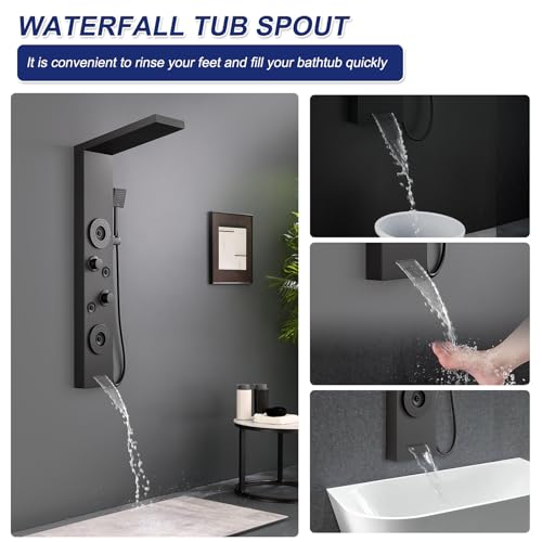 5 in 1 Rainfall Shower Panel Tower with Tub Spout, Matte Black | Stainless Steel Shower Column with 2-Setting Body Massage Jets, Flexible Handheld and Waterfall Tub Spout - color: Matte Black