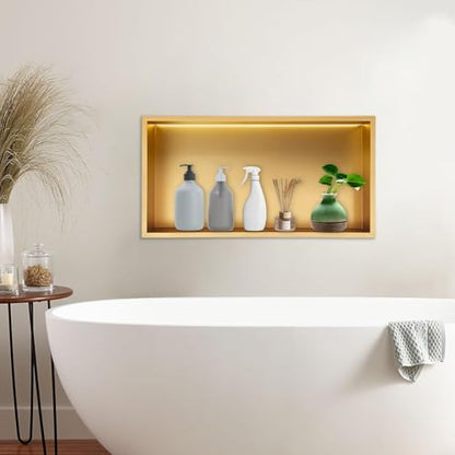 Libsaerty LED Shower Niche with Lights, Waterproof Gold Bathroom Niche Insert, Recessed Wall Shelf for Tile-Free Install, 24x12 Inch Storage for Shampoo, 304 Stainless Steel, 44LbsLoad, Easy Assembly