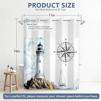 No Hook Waterproof Shower Curtains, Snap-in Shower Curtain Liner with Weighted Hem & Top Window, Nautical Shower Curtain for Bathroom, Hotel and Gym, 71x74 Inches - color: Coastal Lighthouse