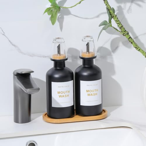 11.8OZ Glass Mouthwash Dispenser, Set of 2, Black | Stainless Steel & Bamboo Nozzle, Reusable Mouthwash Cup, Bamboo Tray, Elegant Gold Sticker - color: Black/350*2