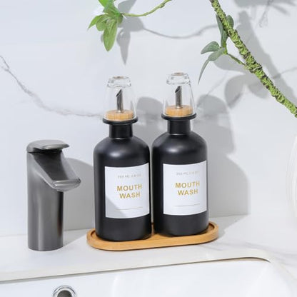 11.8OZ Glass Mouthwash Dispenser, Set of 2, Black | Stainless Steel & Bamboo Nozzle, Reusable Mouthwash Cup, Bamboo Tray, Elegant Gold Sticker - color: Black/350*2