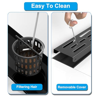 24 Inch Black Linear Shower Drain, Rectangular Shower Floor Drains with Brickwork Cover, 304 Stainless Steel Linear Drain with Leveling Feet, Hair Strainer (Matte Black)