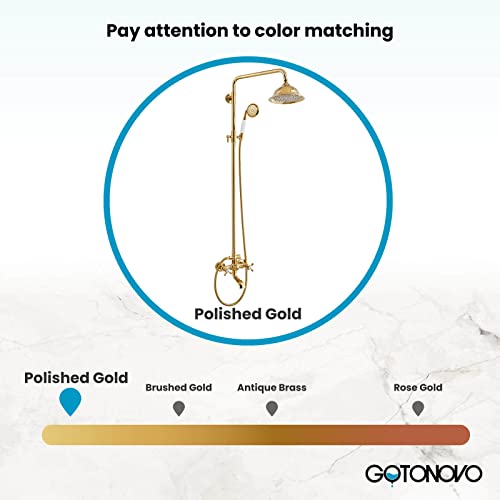 gotonovo Exposed Shower System with Spout,Polished Gold,No Shower Shelf | Brass Shower Faucet Set,8’’ Rain Head with Handheld Spray,Swivel Tub Spout,2 Cross Handle,6’’ Hole Distance,Adjustable Height - color: Bright Gold