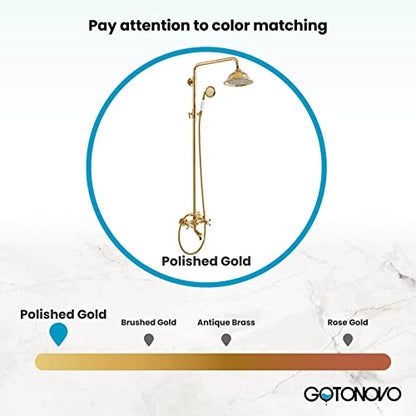 gotonovo Exposed Shower System with Spout,Polished Gold,No Shower Shelf | Brass Shower Faucet Set,8’’ Rain Head with Handheld Spray,Swivel Tub Spout,2 Cross Handle,6’’ Hole Distance,Adjustable Height - color: Bright Gold