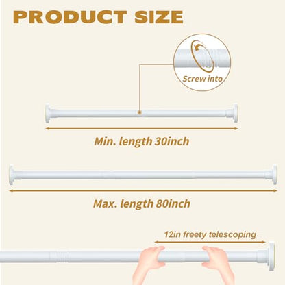 Thestoa White Tension Shower Curtain Rod, 30-80 Inches with Holders | Includes adhesive holders, rustproof stainless steel, no-drilling spring tension for bathroom, closet & window - color: White, size: 30"-80"