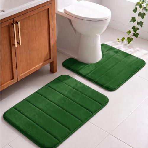 Memory Foam Bathroom Rugs Sets 2 Piece - Super Soft Absorbent Quick Dry Memory Foam Bathroom Rugs, Machine Washable Non Slip Floor Carpet for Tub Shower & Single Sink 16x24 & 20x20,(Dark Green) - color: Dark Green