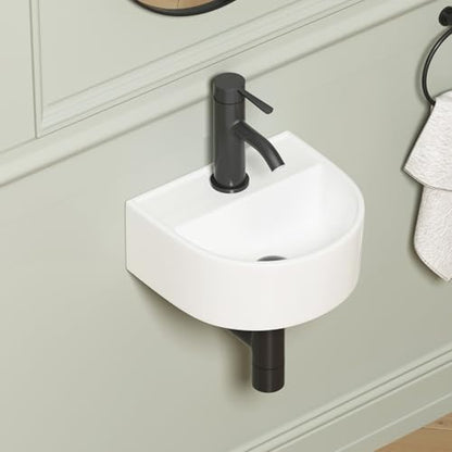 Wall Hung Bathroom Vessel Sink, QISHKA 12.5" X 11.5" Semi-Oval Floating Ceramic Wash Hand Basin White Wall Mount Vanity Sink for Small Bathroom and Small Cloakroom - size: 12.5" x 11.5" x 5.2"