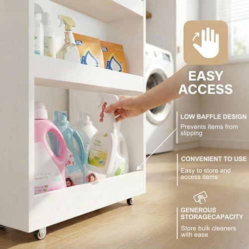 TEAMIX Wood 4-Tier Slim Rolling Storage Cart, 7.9"W, 24.8"D, 36.7"H, White | Height Adjustable, 360°Swivel Wheels, Deeper & Taller, Use as Narrow Kitchen Cart, Laundry Organizer Between Washer & Dryer - color: White