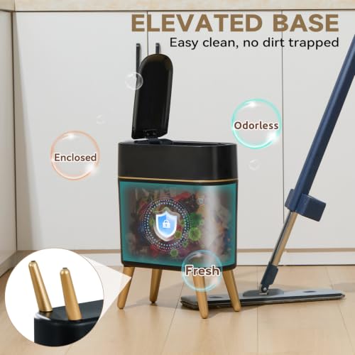 Black and Gold Sensor Trash Can Bathroom,Smart Plastic Wastebasket | Waterproof,Narrow,Motion Sensor, Convenient and Hygienic Easy to Use，2.6 gallon Small Garbage Can for Office,Bedroom,Kitchen - color: Black