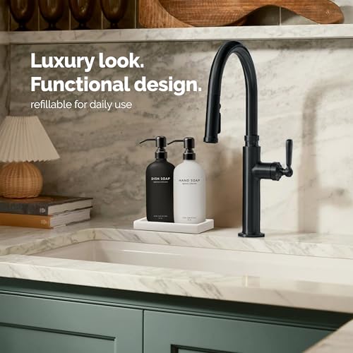 Vine Creations Glass Soap Dispenser Set, Kitchen Soap Dispenser Set with Ceramic Tray, 16 oz Dish Soap and Hand Soap Dispensers with Stainless Steel Pump Decor (White and Black Bottles/Matte Black) - color: Black and White Bottle / Matte Black Pump