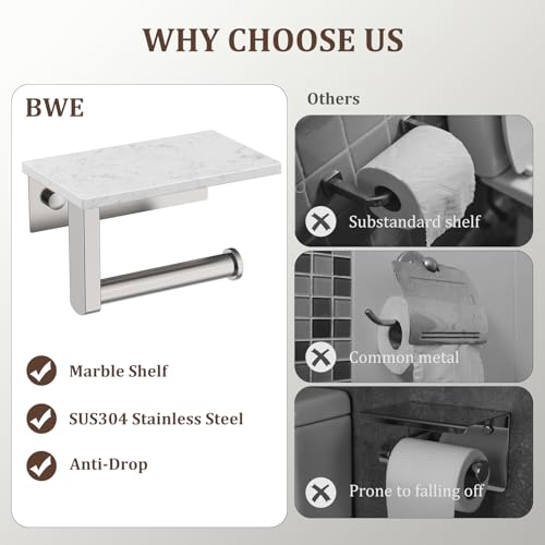 BWE Brushed Nickel Toilet Paper Holder with Marble Shelf Wall Mounted | Toilet Paper Roll Holder with Phone Shelf 304 Stainless Steel Tissue Holder for Bathroom Washroom,Saving Space - color: Brushed Nickel