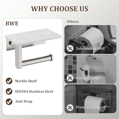 BWE Brushed Nickel Toilet Paper Holder with Marble Shelf Wall Mounted | Toilet Paper Roll Holder with Phone Shelf 304 Stainless Steel Tissue Holder for Bathroom Washroom,Saving Space - color: Brushed Nickel