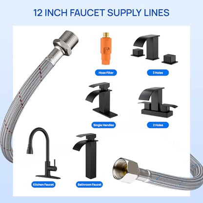 J-HVA Faucet Supply Lines Length 12" 3/8 OD Comp (Male) x 3/8 Comp (Female) | Thread Connector Braided Nylon Extension Hoses for Bathroom Kitchen Sink Faucet Hose Filter,Stainless Steel Nut (1 Pair)