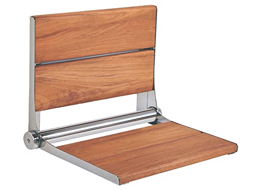 Folding Shower Seat Wall Mounted with Back | 500 lbs Maximum Load Capacity | ADA Compliant Safety Assist Teak Shower Seat for Seniors, Handicapped, and Children | 304 Stainless Steel Frame | 26” x 16” - color: Polished Chrome, Teak, size: 26" x 16"