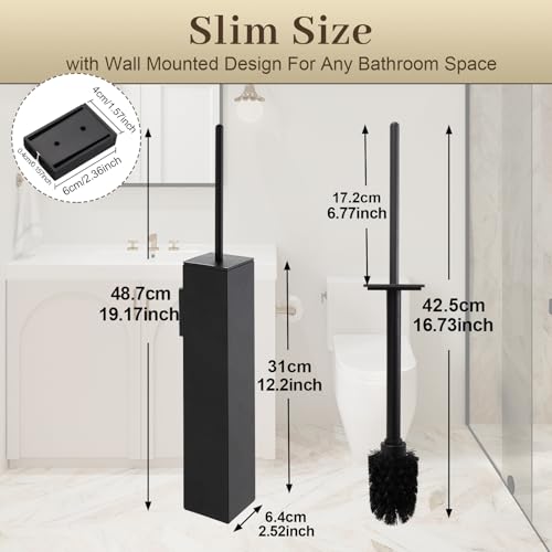 Toilet Brush and Holder Wall Mounted, Black Aluminum with 2 Replaceable Heads, Bathroom Toilet Brush, Drill or 3M Adhesive Mount, Removable Liner and Splash Guard, Modern Square Design - color: Black-wall Mounted
