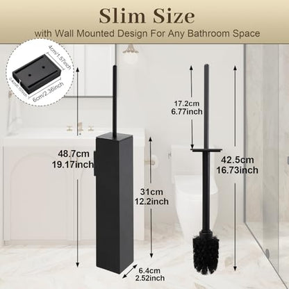 Toilet Brush and Holder Wall Mounted, Black Aluminum with 2 Replaceable Heads, Bathroom Toilet Brush, Drill or 3M Adhesive Mount, Removable Liner and Splash Guard, Modern Square Design - color: Black-wall Mounted