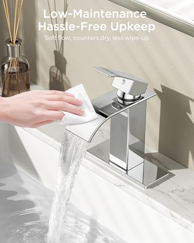 FORIOUS Bathroom Faucet 1 Hole, Waterfall Vanity Sink Faucet Chrome | Bathroom Sink Faucet 1 or 3 Hole, Square Single Handle with 24" cUPC Supply Line and Pop-up Drain, Fits RV Restroom Basin - color: Chrome