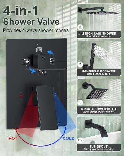 Rain Shower System with Rough-in Valve, Wall Mount Shower Faucet Set with 12" & 6" Dual Rain Shower Heads, 2-in-1 Handheld Shower, Tub Spout, 4-Function Complete Shower Fixture, Matte Black - color: Matte Black, size: Wall Mount-12"+6" head with Tub Spout