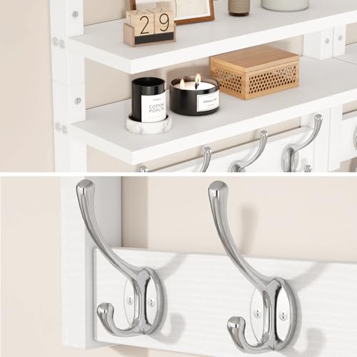YMYNY Double Shelf Coat Rack Wall Mount with 8 Hooks, White HWS009W-2 | Wooden Coat Hanger Key Holder Wall Mount for Coats Hats Keys - Wood Wall Mounted Coat Rack with Shelf for Entryway & Bathroom - color: White