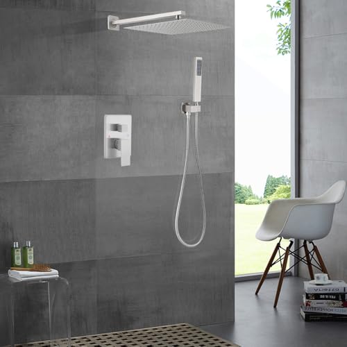 Brushed Nickel Shower System 12 Inch Bathroom Luxury Rain Mixer Shower Combo Set Wall Mounted Rainfall Shower Head and Handheld System Shower Faucet Set Rough-in Valve Body and Trim Kit - color: Brushed Nickel, size: 12 Inch