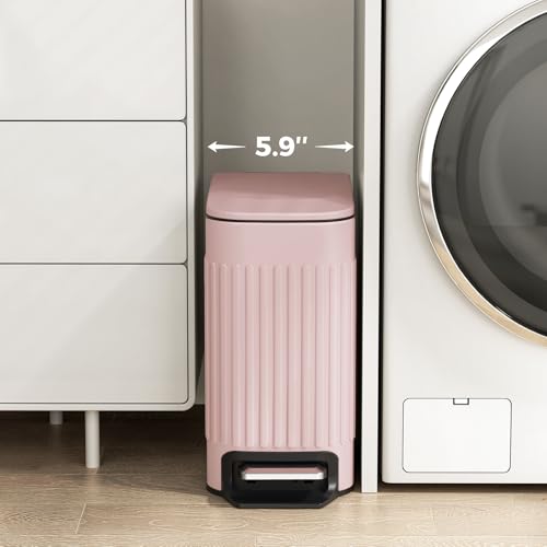 TrashAid Slim Bathroom Trash Can with Lid Soft Close & Pedal, 1.6Gal, Pink | Removable Inner Bucket, Stainless Steel Garbage Can, Small Wastebasket for Toilet/Office/Bedroom, Retro Design, Odor Control - color: Pink