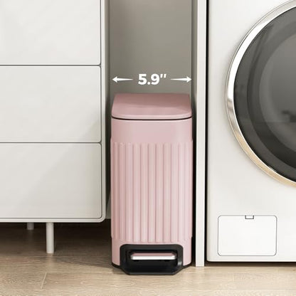 TrashAid Slim Bathroom Trash Can with Lid Soft Close & Pedal, 1.6Gal, Pink | Removable Inner Bucket, Stainless Steel Garbage Can, Small Wastebasket for Toilet/Office/Bedroom, Retro Design, Odor Control - color: Pink