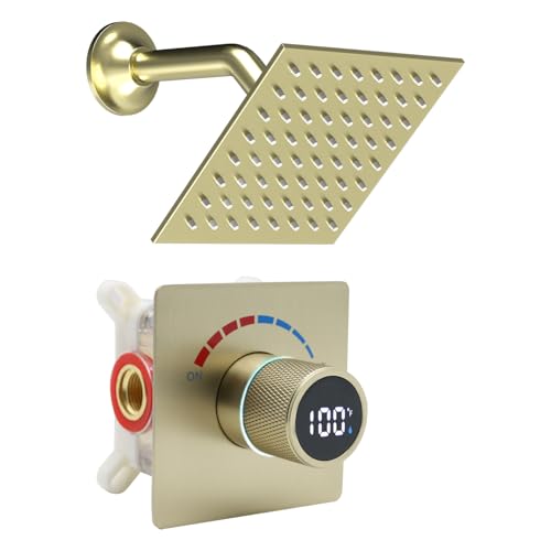 6 Inch Digital Display Shower Head System 6 Inch Head with Valve Shower System with Valve Bathroom Bath System (Brushed Gold) - color: Brushed Gold, style: 6 "shower head