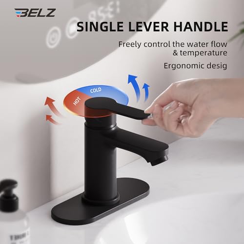 BELZ Black Bathroom Faucet, Lead-Free for 1 or 3 Hole 4" Vanity Sink | NSF372 Compliant,Anti-peeling PVD Finish,Includes Pop-up Drain & Hoses,Single Handle Modern Design, Easy DIY Install - color: Matte Black