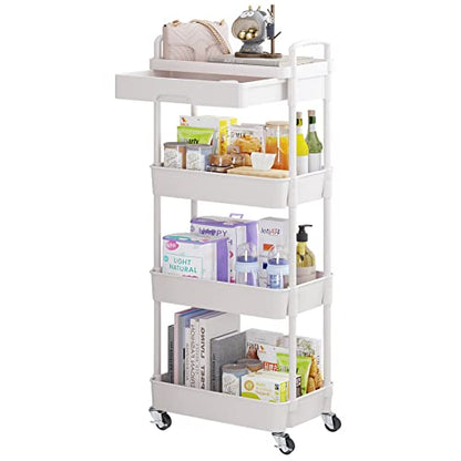 Calmootey 4-Tier Rolling Utility Cart with Drawer,Multifunctional Storage Organizer with Plastic Shelf & Metal Wheel,Storage Cart for Kitchen,Bathroom,Living Room,Office,White | Space-Saving Organizer, Sturdy Plastic Shelves, Smooth-Rolling Metal Wheels,