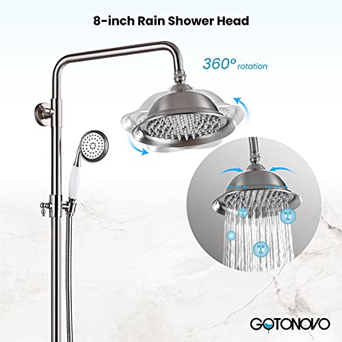 gotonovo Exposed Shower System with Spout,Brushed Nickel,No Shower Shelf | Brass Shower Faucet Set,8’’ Rain Head with Handheld Spray,Swivel Tub Spout,2 Cross Handle,6’’ Hole Distance,Adjustable Height - color: Nickel
