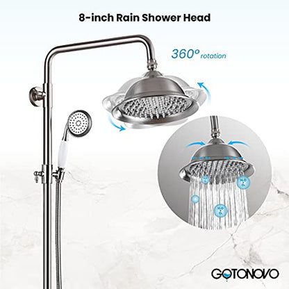 gotonovo Exposed Shower System with Spout,Brushed Nickel,No Shower Shelf | Brass Shower Faucet Set,8’’ Rain Head with Handheld Spray,Swivel Tub Spout,2 Cross Handle,6’’ Hole Distance,Adjustable Height - color: Nickel