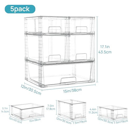 Vtopmart Clear Stackable Storage Drawers, 5 Pack Multi-Size Organizer Set | Wide, Medium and Small Pull-Out PET Drawers with Stackable Design for Cabinets, Closets, Pantry and Bathroom Organization - style: 1 Wide+2 Medium+2 Small