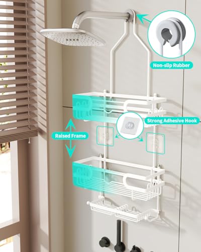 HapiRm Bathroom Hanging Shower Caddy - Rustproof Shower Shelf with 12 Hooks and 2 Soap Holders, No Drilling Bathroom Organizers and Storage - White - color: White(Large)
