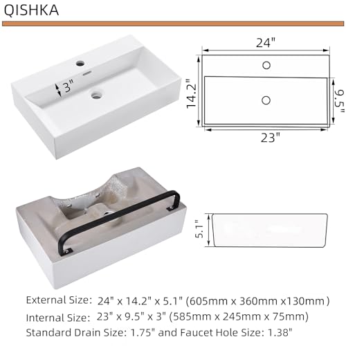 Wall Mount Rectangular Vessel Sink with Towel Rack, QISHKA 24"x14" Modern Ceramic Bathroom Floating Sink, White Rectangle Vanity Sink with Overflow, Wall Hung Wash Hand Basin - size: 24" x 14.2" x 5.1"