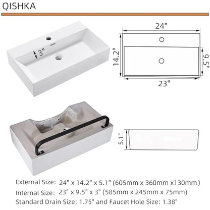 Wall Mount Rectangular Vessel Sink with Towel Rack, QISHKA 24"x14" Modern Ceramic Bathroom Floating Sink, White Rectangle Vanity Sink with Overflow, Wall Hung Wash Hand Basin - size: 24" x 14.2" x 5.1"