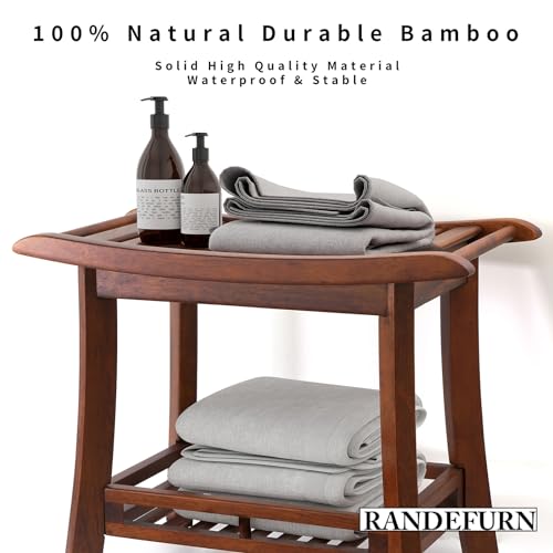 RANDEFURN 24“ Teak Shower Bench with Shelf,Teak Wood Shower Stool,Waterproof Wood Shower Chair for Elderly,2-Tier Wooden Shower Seat Spa Stool for Indoor and Outdoor Use.(24 x 13.4 x 18.3in, Brown)