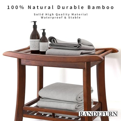RANDEFURN 24“ Teak Shower Bench with Shelf,Teak Wood Shower Stool,Waterproof Wood Shower Chair for Elderly,2-Tier Wooden Shower Seat Spa Stool for Indoor and Outdoor Use.(24 x 13.4 x 18.3in, Brown)