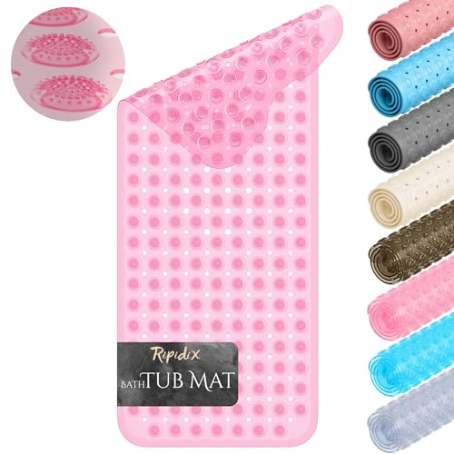 Non-Slip Bathtub Mat – 39"x15.5" Extra Long Shower Mat with Powerful Suction Cups & Drain Holes, Machine Washable Bath Mat for Tub, Foot Massage Texture, Helps Keep Tubs Clean, Clear Pink - color: Light Pink